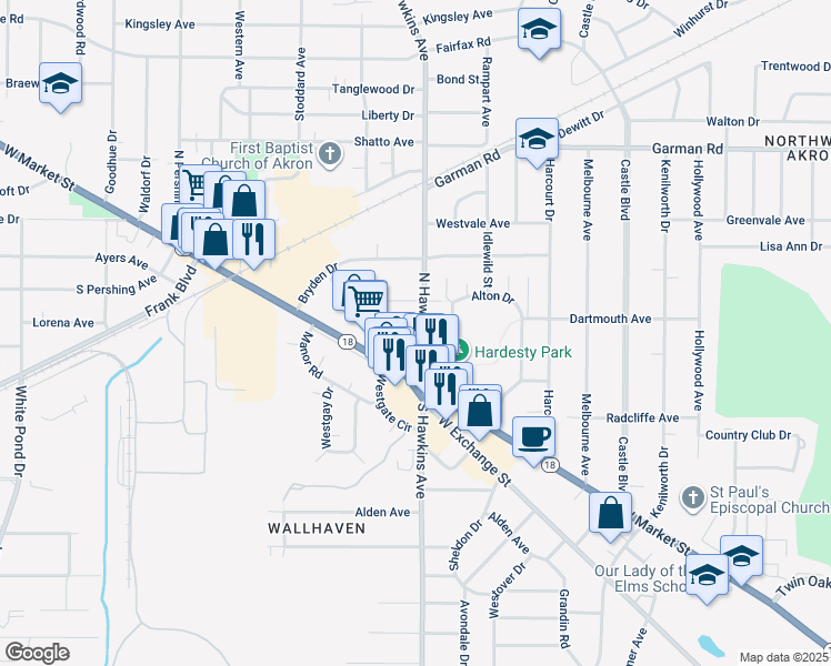 map of restaurants, bars, coffee shops, grocery stores, and more near 46 North Hawkins Avenue in Akron