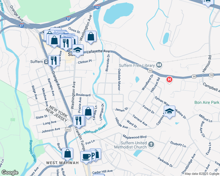 map of restaurants, bars, coffee shops, grocery stores, and more near 46 Boulevard in Suffern