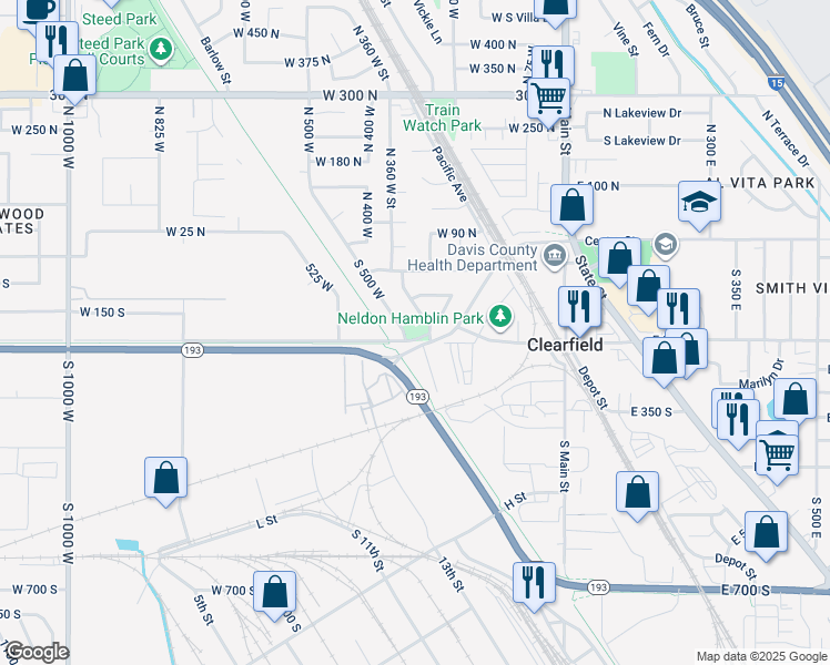 map of restaurants, bars, coffee shops, grocery stores, and more near 200 South 500 West in Clearfield