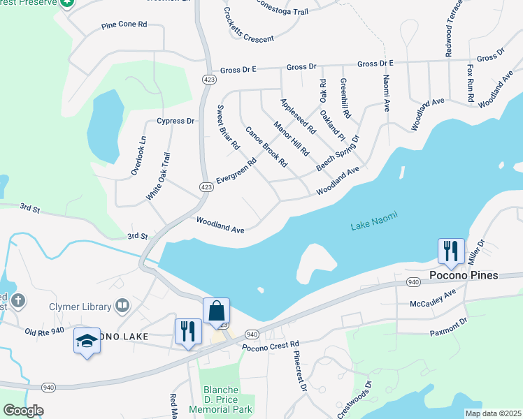 map of restaurants, bars, coffee shops, grocery stores, and more near Owaissa Court in Pocono Pines