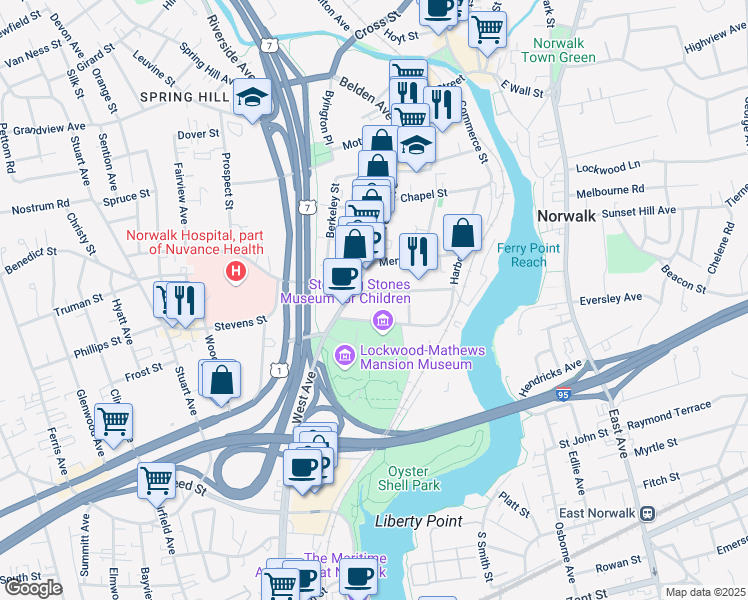 map of restaurants, bars, coffee shops, grocery stores, and more near 467 West Avenue in Norwalk