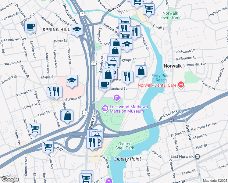 map of restaurants, bars, coffee shops, grocery stores, and more near 467 West Avenue in Norwalk