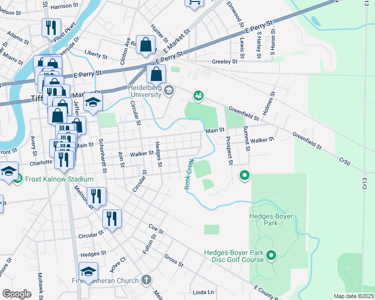 map of restaurants, bars, coffee shops, grocery stores, and more near 198 Walker Street in Tiffin