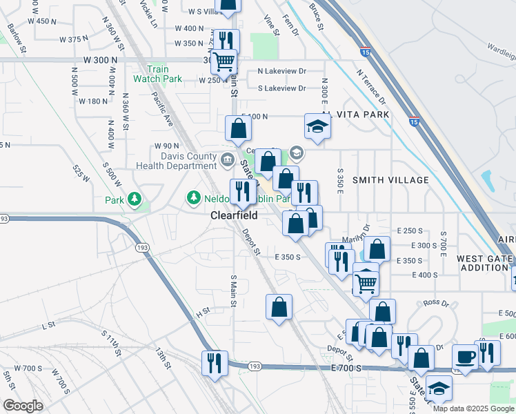 map of restaurants, bars, coffee shops, grocery stores, and more near 70 East Weekes Way in Clearfield