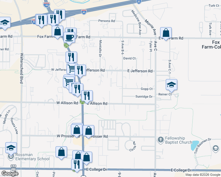 map of restaurants, bars, coffee shops, grocery stores, and more near 801 Mitchell Court in Cheyenne
