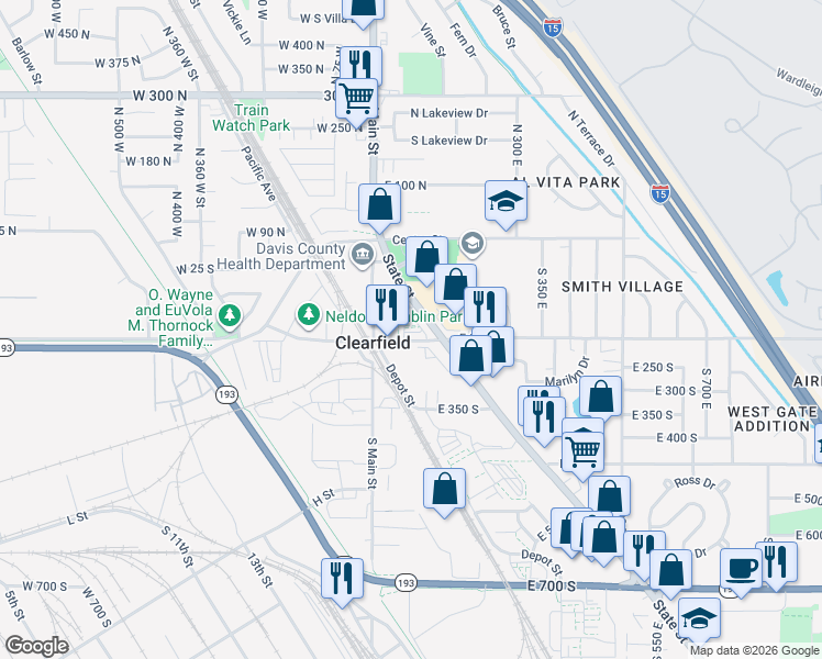 map of restaurants, bars, coffee shops, grocery stores, and more near 50 East 200 South in Clearfield