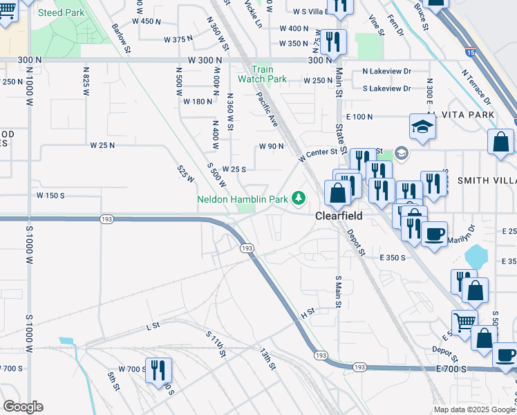 map of restaurants, bars, coffee shops, grocery stores, and more near 255 West 200 South in Clearfield