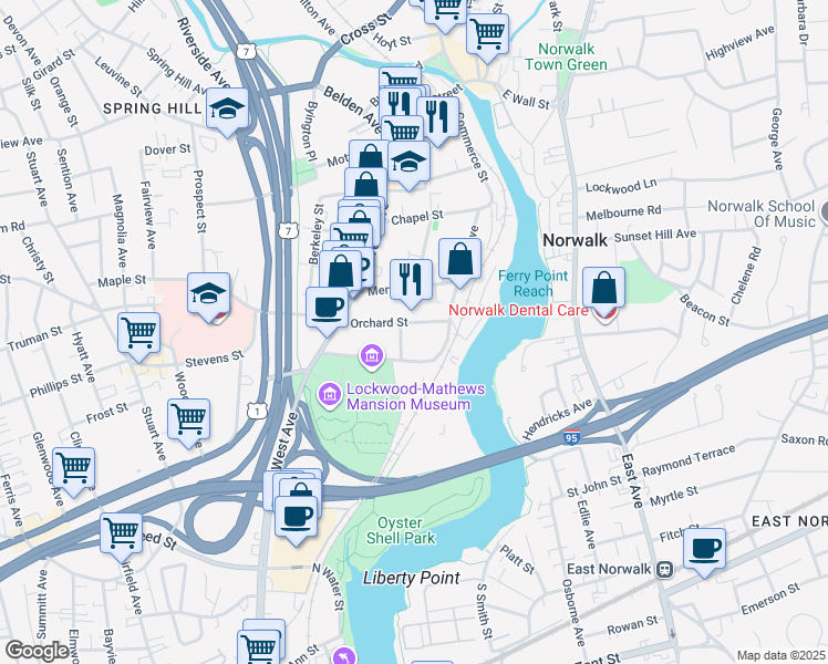 map of restaurants, bars, coffee shops, grocery stores, and more near 1 Quincy Street in Norwalk