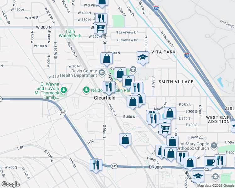 map of restaurants, bars, coffee shops, grocery stores, and more near 50 East 200 South in Clearfield