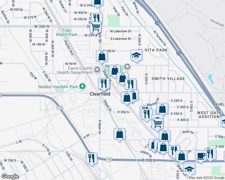 map of restaurants, bars, coffee shops, grocery stores, and more near 50 East 200 South in Clearfield
