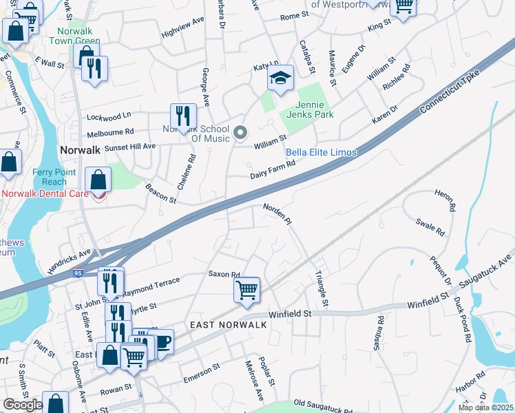 map of restaurants, bars, coffee shops, grocery stores, and more near 2 Greenfield Road in Norwalk
