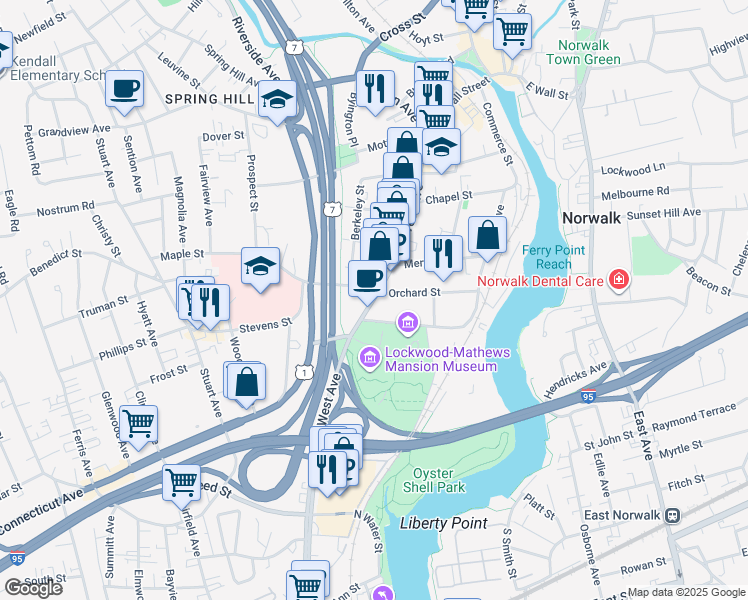 map of restaurants, bars, coffee shops, grocery stores, and more near 331 West Avenue in Norwalk