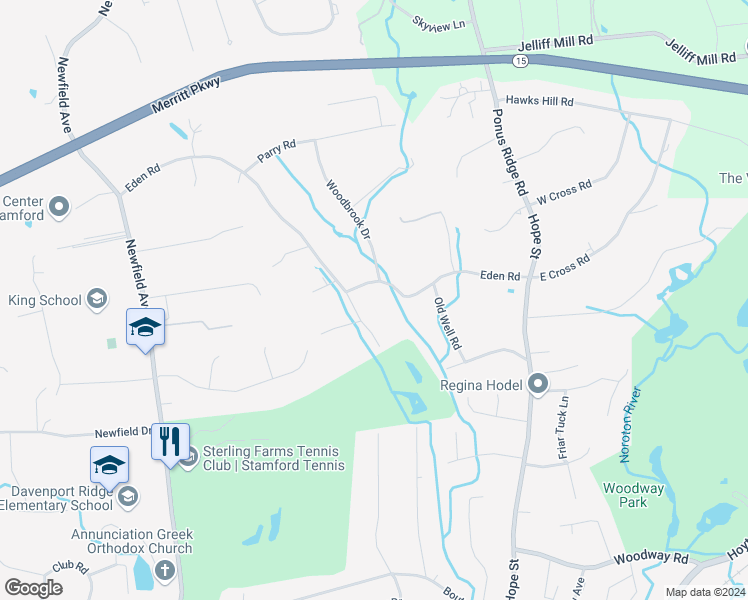 map of restaurants, bars, coffee shops, grocery stores, and more near 34 Twin Brook Drive in Stamford