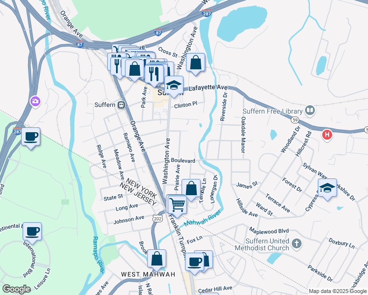 map of restaurants, bars, coffee shops, grocery stores, and more near 12 Boulevard in Suffern