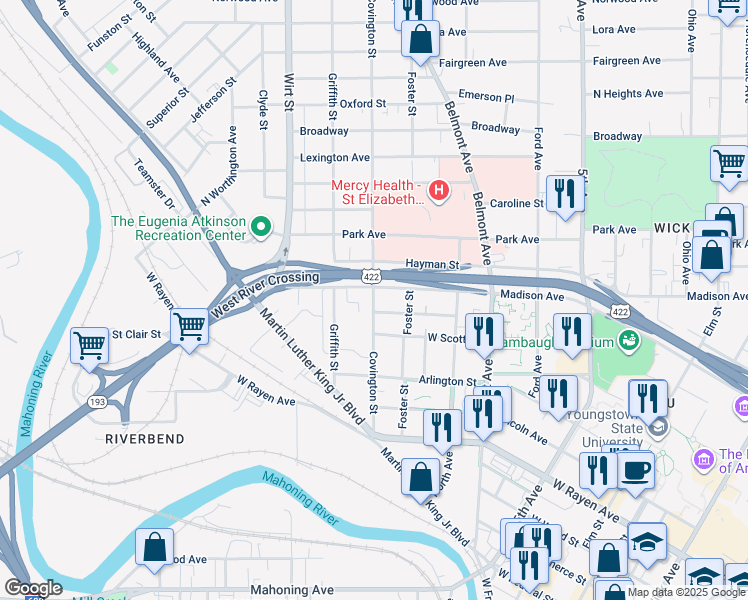 map of restaurants, bars, coffee shops, grocery stores, and more near 614 Covington Street in Youngstown
