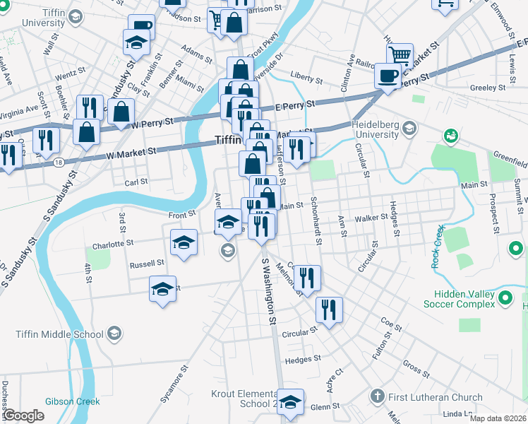 map of restaurants, bars, coffee shops, grocery stores, and more near 14 Charlotte Street in Tiffin
