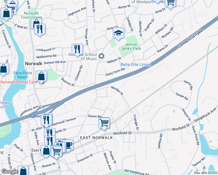 map of restaurants, bars, coffee shops, grocery stores, and more near 2 Greenfield Road in Norwalk