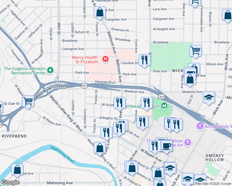 map of restaurants, bars, coffee shops, grocery stores, and more near 617 North Avenue in Youngstown
