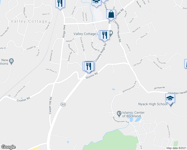 map of restaurants, bars, coffee shops, grocery stores, and more near 420 Storms Road in Valley Cottage