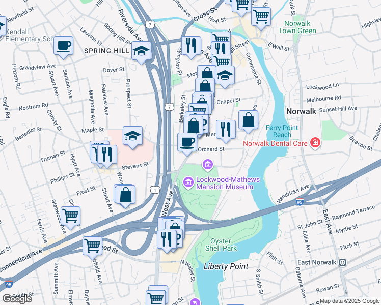 map of restaurants, bars, coffee shops, grocery stores, and more near 467 West Avenue in Norwalk