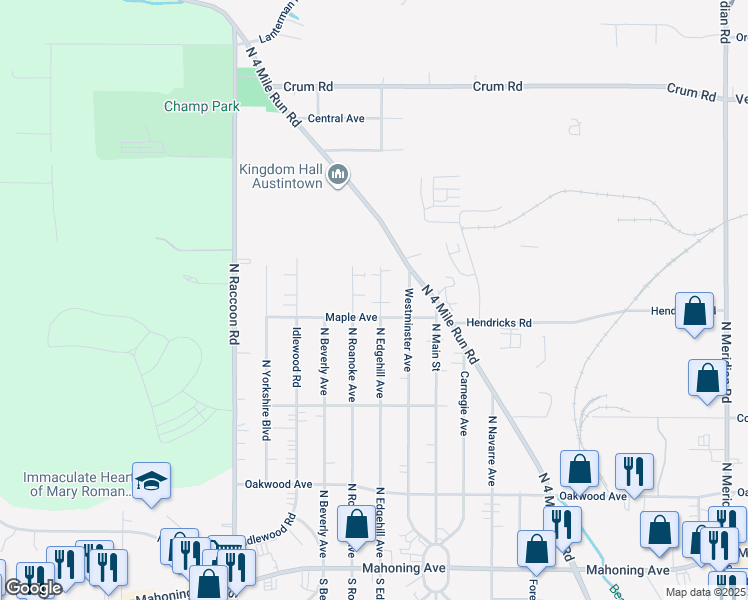 map of restaurants, bars, coffee shops, grocery stores, and more near 320 North Edgehill Avenue in Youngstown