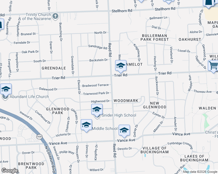 map of restaurants, bars, coffee shops, grocery stores, and more near 4910 Trier Road in Fort Wayne