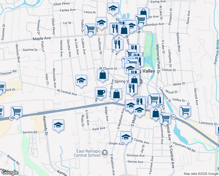 map of restaurants, bars, coffee shops, grocery stores, and more near 33 Commerce Street in Spring Valley