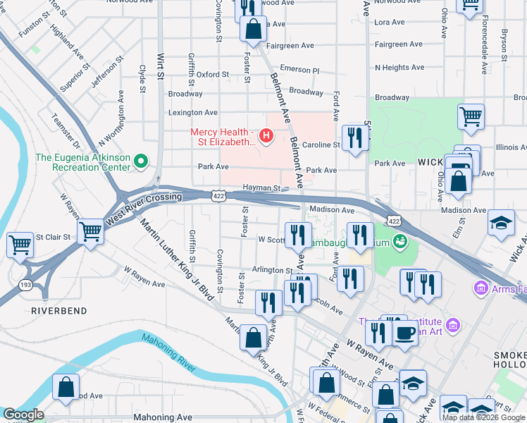 map of restaurants, bars, coffee shops, grocery stores, and more near 563 Madison Avenue in Youngstown