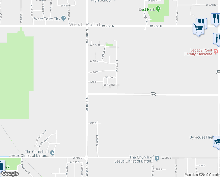 map of restaurants, bars, coffee shops, grocery stores, and more near 170 South 2830 West in West Point