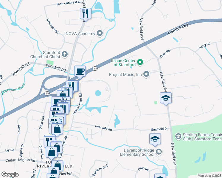 map of restaurants, bars, coffee shops, grocery stores, and more near 5 High Ridge Park in Stamford