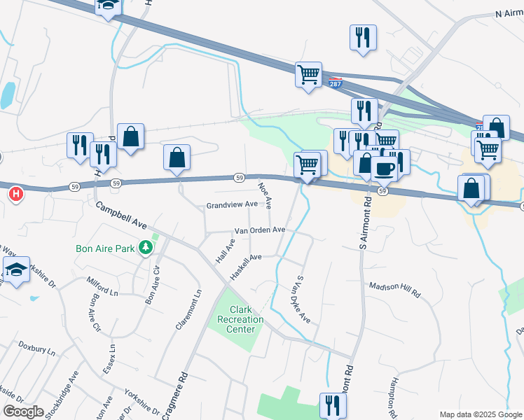 map of restaurants, bars, coffee shops, grocery stores, and more near 46 Grandview Avenue in Suffern