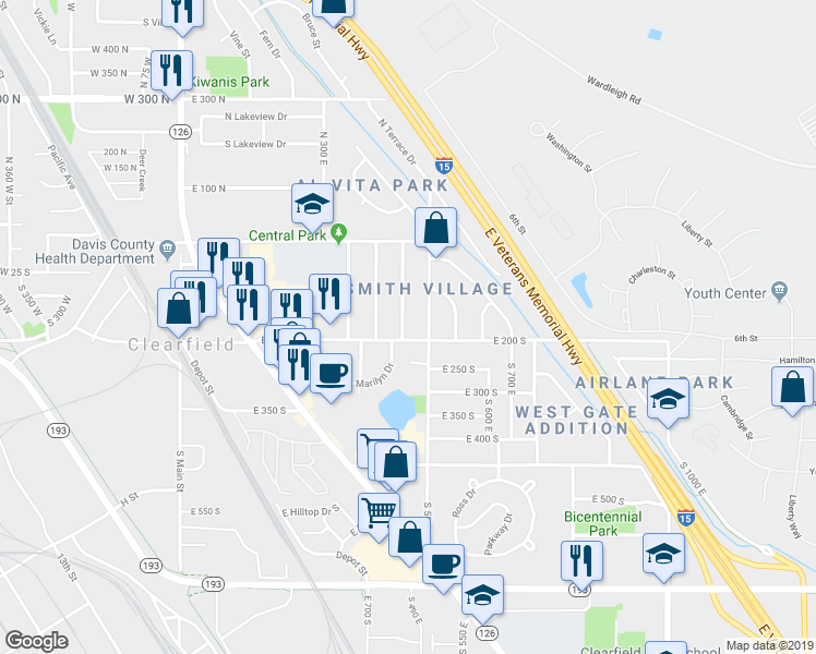 map of restaurants, bars, coffee shops, grocery stores, and more near 181 South 450 East in Clearfield