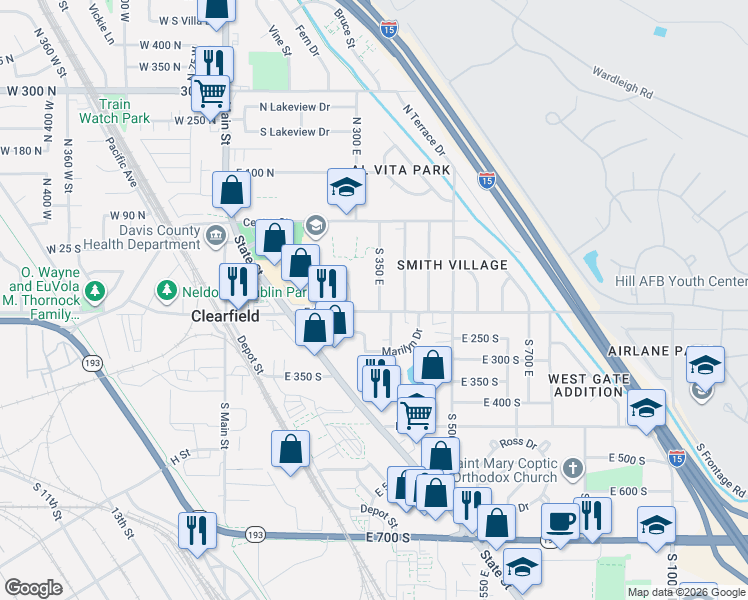 map of restaurants, bars, coffee shops, grocery stores, and more near 122 South 350 East in Clearfield