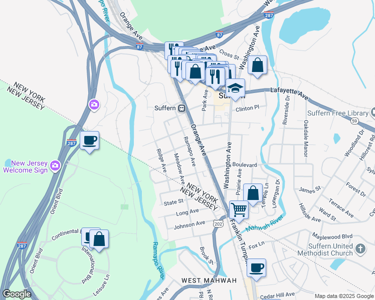 map of restaurants, bars, coffee shops, grocery stores, and more near 25 Ramapo Avenue in Suffern