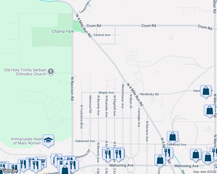 map of restaurants, bars, coffee shops, grocery stores, and more near 345 North Roanoke Avenue in Youngstown