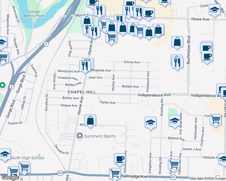 map of restaurants, bars, coffee shops, grocery stores, and more near 929 Belden Avenue in Akron