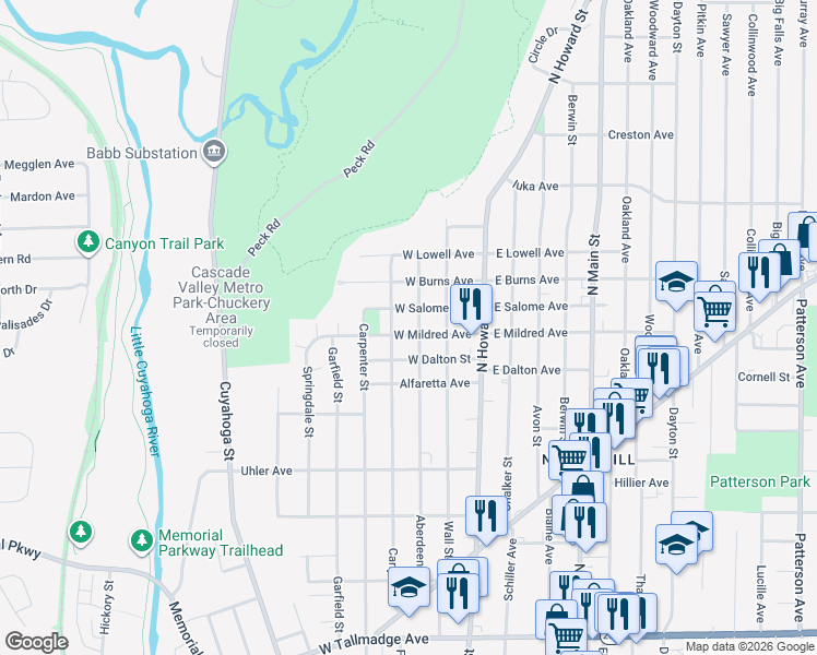 map of restaurants, bars, coffee shops, grocery stores, and more near 71 West Salome Avenue in Akron