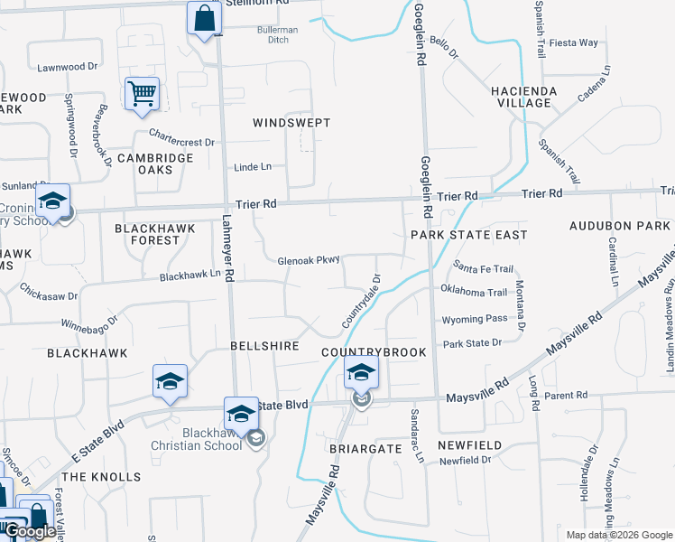 map of restaurants, bars, coffee shops, grocery stores, and more near 7803 Glenoak Parkway in Fort Wayne