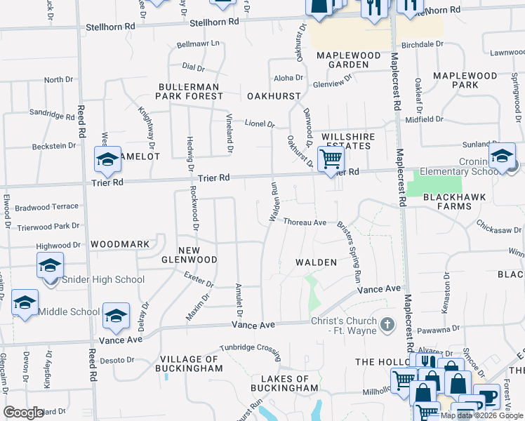 map of restaurants, bars, coffee shops, grocery stores, and more near 5603 Martys Hill Place in Fort Wayne