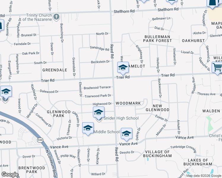 map of restaurants, bars, coffee shops, grocery stores, and more near 4910 Trier Road in Fort Wayne
