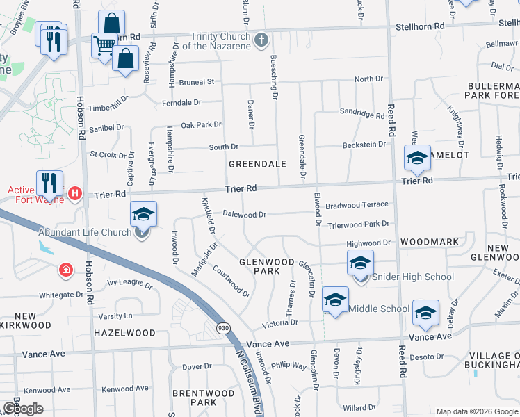 map of restaurants, bars, coffee shops, grocery stores, and more near 4066 Trier Road in Fort Wayne