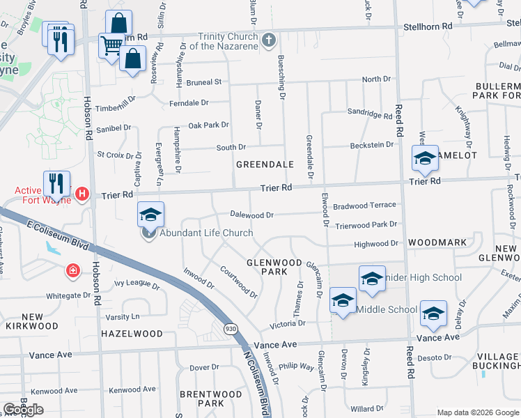 map of restaurants, bars, coffee shops, grocery stores, and more near 4066 Trier Road in Fort Wayne