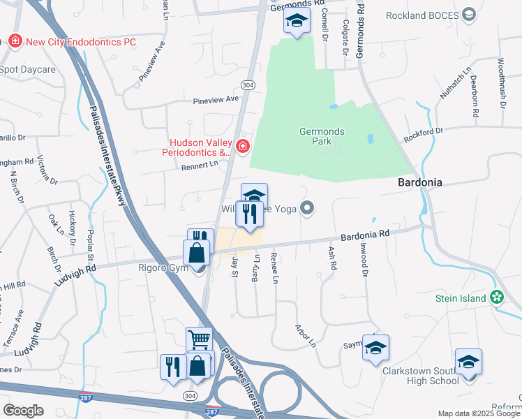 map of restaurants, bars, coffee shops, grocery stores, and more near 31 Bardonia Road in Nanuet