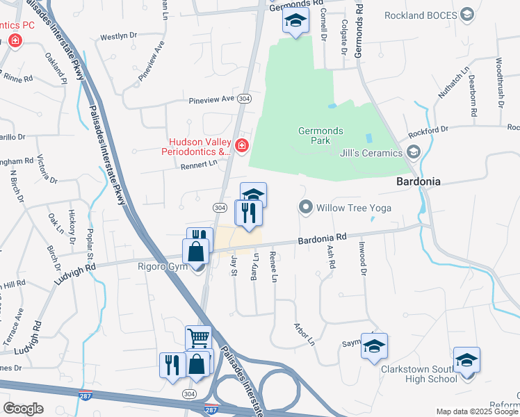 map of restaurants, bars, coffee shops, grocery stores, and more near 31 Bardonia Road in Nanuet