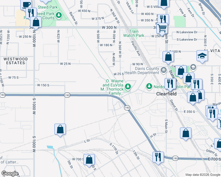 map of restaurants, bars, coffee shops, grocery stores, and more near 515 West 150 South in Clearfield