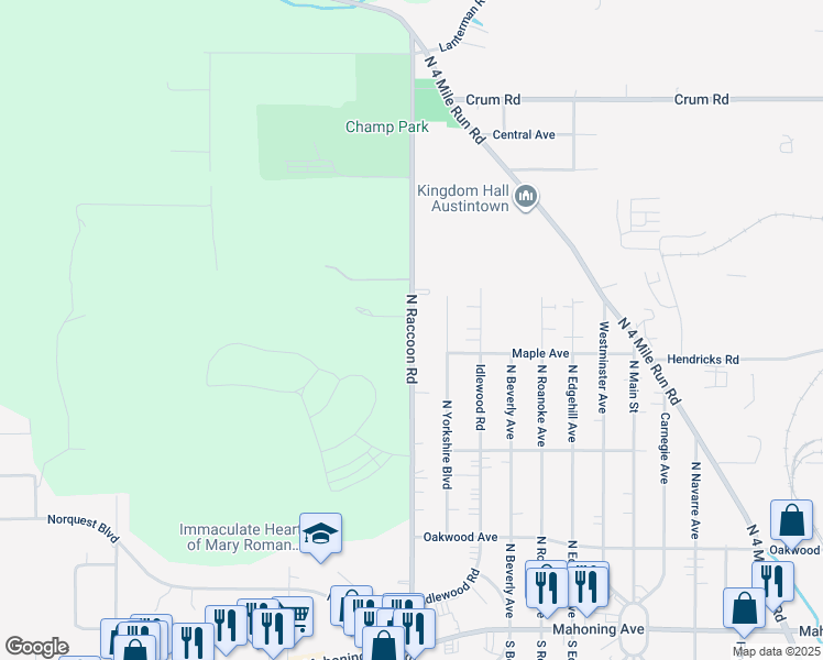 map of restaurants, bars, coffee shops, grocery stores, and more near North Raccoon Road in Mahoning County