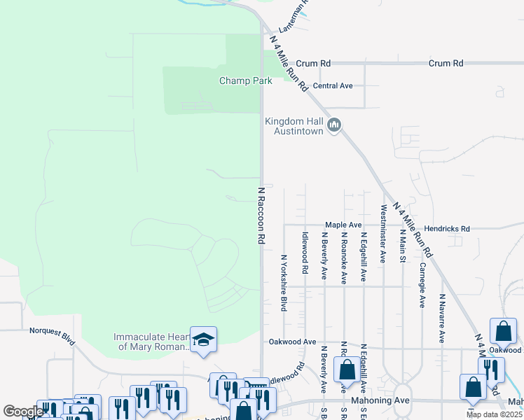 map of restaurants, bars, coffee shops, grocery stores, and more near North Raccoon Road in Mahoning County