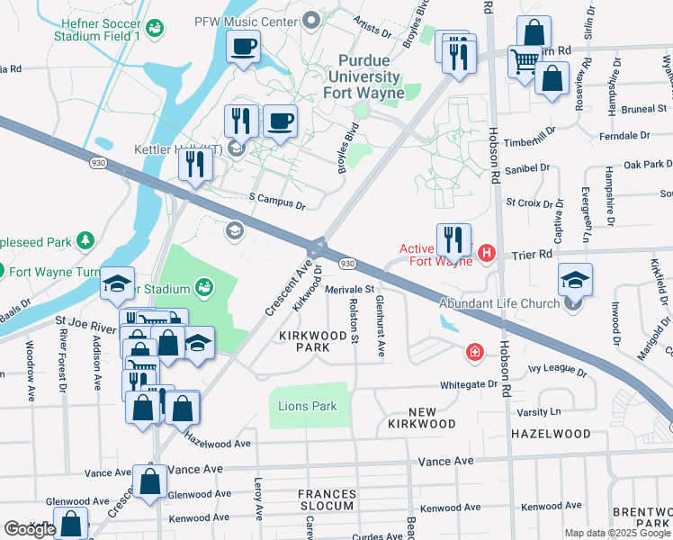 map of restaurants, bars, coffee shops, grocery stores, and more near 2679-2715 Coliseum Boulevard East in Fort Wayne