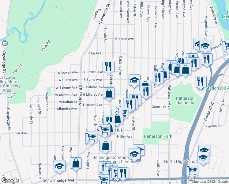 map of restaurants, bars, coffee shops, grocery stores, and more near 975 North Main Street in Akron