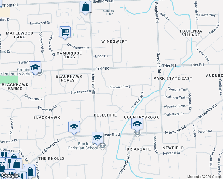 map of restaurants, bars, coffee shops, grocery stores, and more near 7531 Glenoak Parkway in Fort Wayne